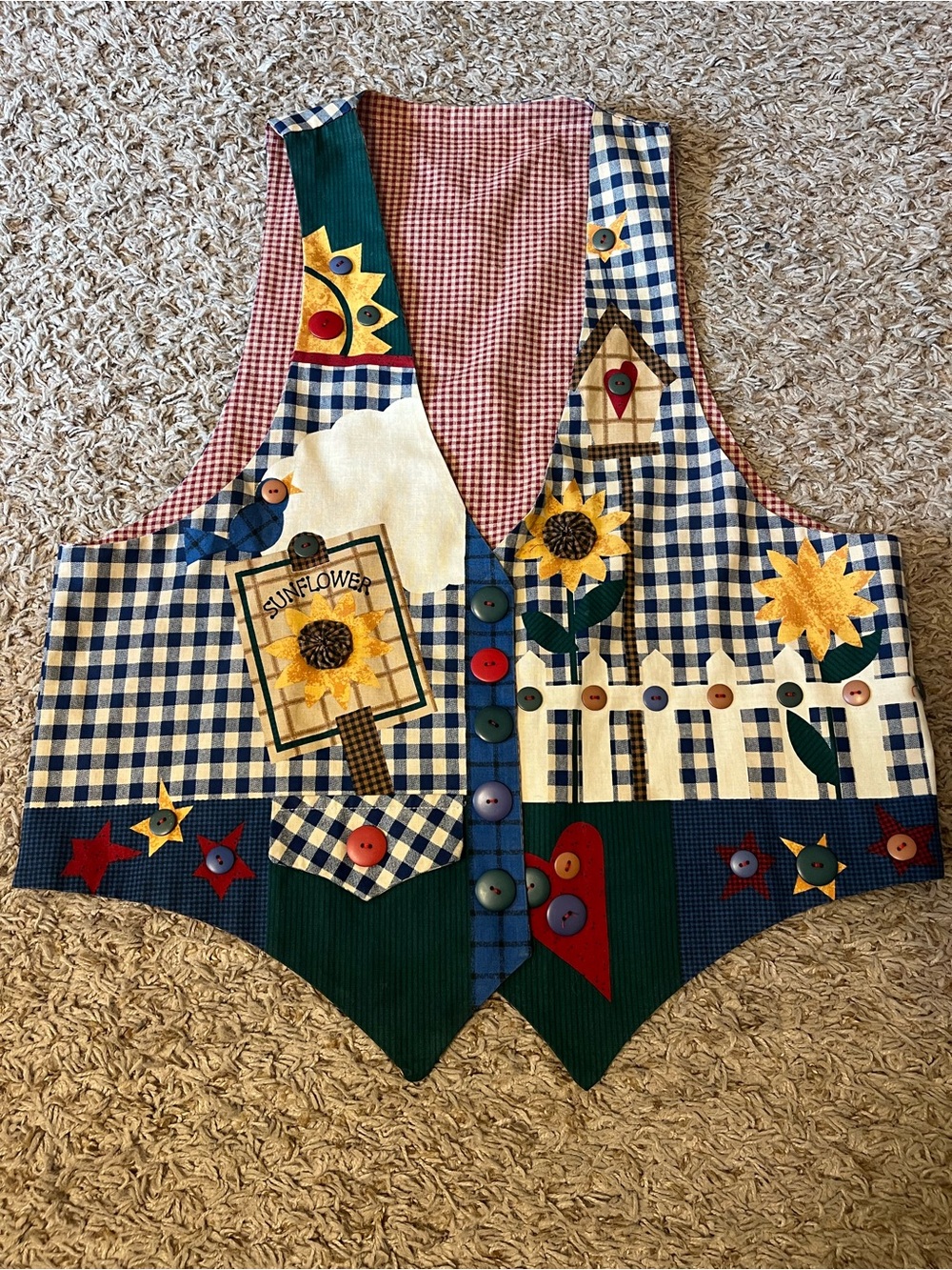 Country Sunflower Patchwork Vest - Blue Gingham
